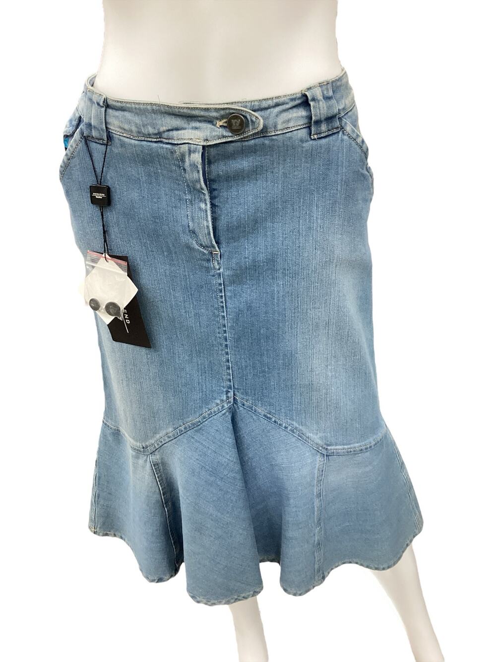 NWT Max Mara Weekend Skirt Women’s Size 10 Denim Peplum Flare Pockets Light Blue